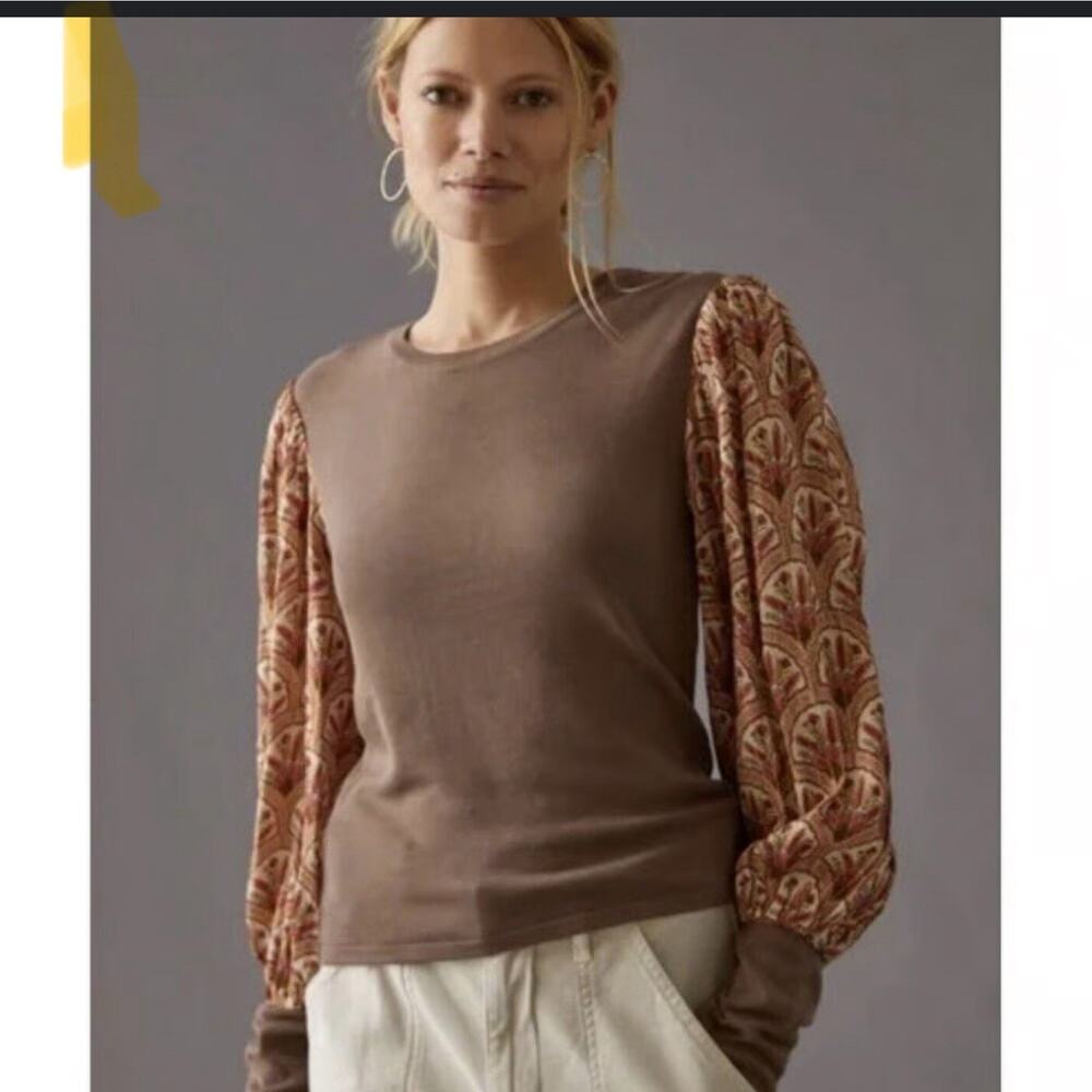 Anthropologie Blank London Womens Puff Sleeve Sweater Top XS Brown Boho